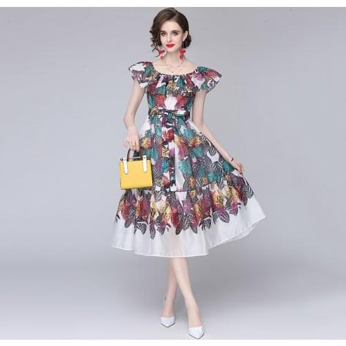 WTIANYUW Women Printing Dress Short Sleeve Slash Neck Vintage Bandage Dresses Female Elegant Clothing 2021 Summer New