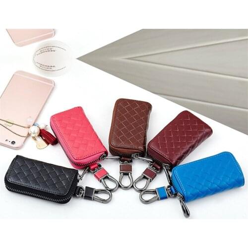 Woven Car Key Purse Genuine Leather Commonly Used Car Key Holder Double Layer Zippered High Capacity Keychain Wallet F1139