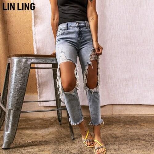 LINLING LINLING Womens Plus-Size Relaxed Fit Straight Leg Jean Ripped Hole Decoration Jeans Woman