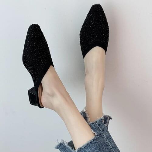 Stylish pointed bling knitted breathable soft outdoor with heel slippers Classic luxury shoe women designers High quality U24-62