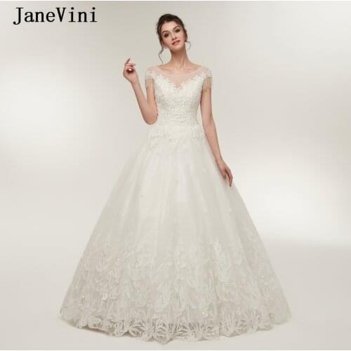 JaneVini Vintage Princess Wedding Dresses A Line 2021 Scoop Neck Lace Appliques Beading Tulle Bridal Korean Dress Floor Length