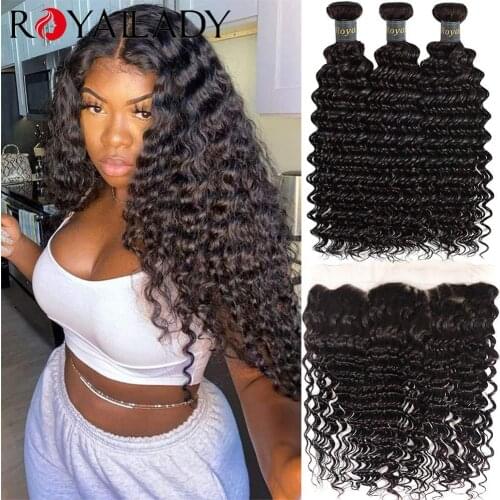 Royal Lady Deep Wave Bundles With Frontal Brazilian Human Hair 3 Bundles with Frontal 13x4 Lace Part Remy Hair Extensions