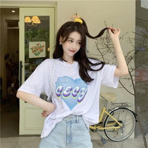 Womens T-shirts Tops Japanese Kawaii Ulzzangcasual Loose Ins Love Letter Print Tshirt Female Korean Harajuku Clothes For Women