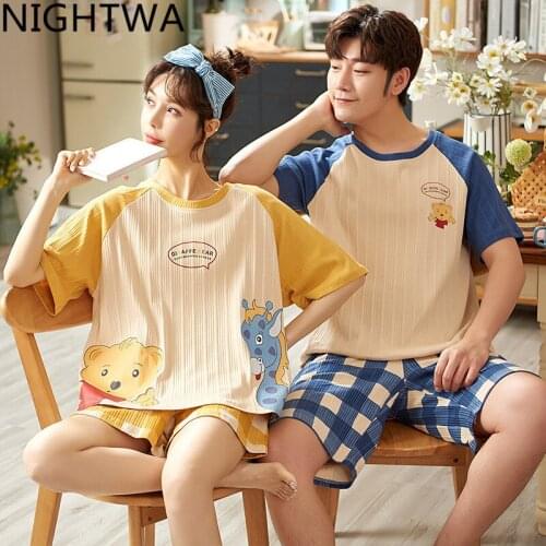 NIGHTWA 2021 Women Pajamas Sets Cotton Pyjamas Nightwear Sleepwear Underwear Couple pajama Short Sleeve Printed Casual Korean