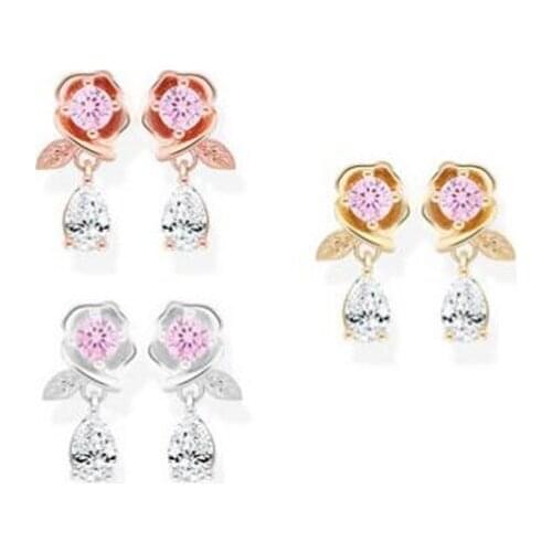 Romantic Rose Pink Stud Earrings For Women Accessories Fashion 925 Silver Earring Girls Princess Crystal Earring Jewelry Female