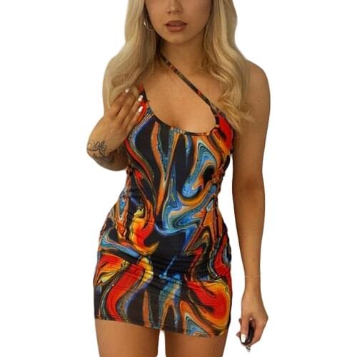 Womens One Shoulder Mini Dress Sleeveless Spaghetti Strap Abstract Print Bodycon Dress