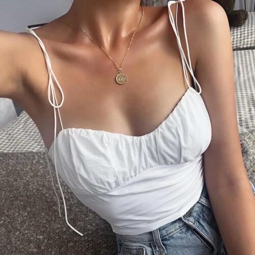 Hirigin Women Solid Sling Straps Backless Cami Vest Summer Ruched Bustier Crop Top Tie Shoulder Elastic Casual Sexy Vest Female