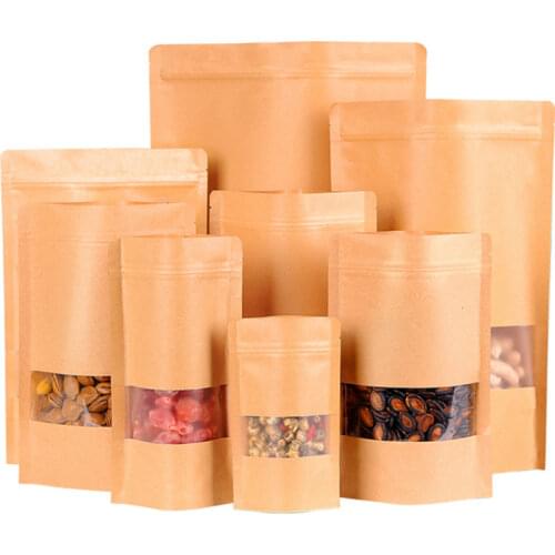 100pcs Kraft Paper Bag Nuts Zip Lock Self-styled Kraft Paper Packing Party Wedding Candies Food Cookie Packaging Sealable Pouch