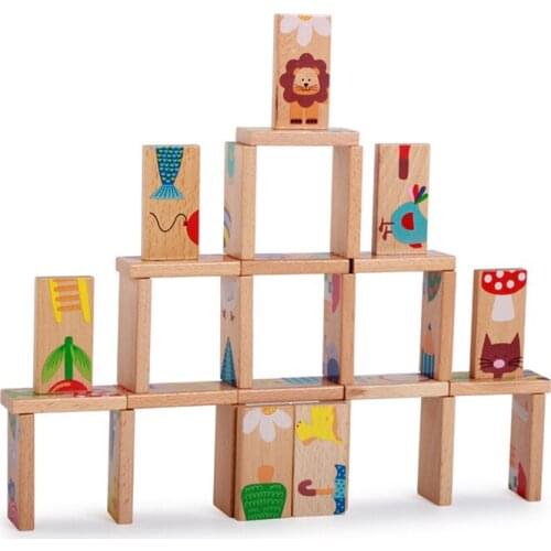 15/28Pcs Wooden Domino Fruit Animal Recognition Heap Tower Puzzle Toy Game Table game Children Learn Educational Puzzle Baby Toy