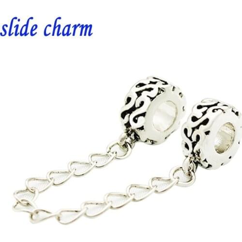 Slide charm Free shipping Childrens birthday gift Ss pattern safety chain fashion charm beads fit Pandora charm bracelets