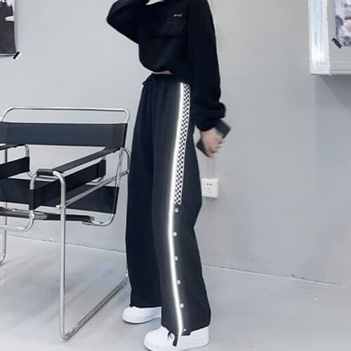 Casual Pants Womens INS Design Side Split Wide Leg Pants Loose Trousers High Waist Drawstring Sweatpants Baggy Streetwear Black