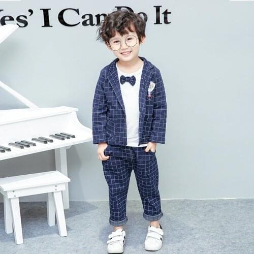 Infant Baby 2019 New Autumn Boys Suits Blazers Fashion White Shirts Plaid Tops Long Pants 3pcs Set Cotton Chlidren Clothing Sets