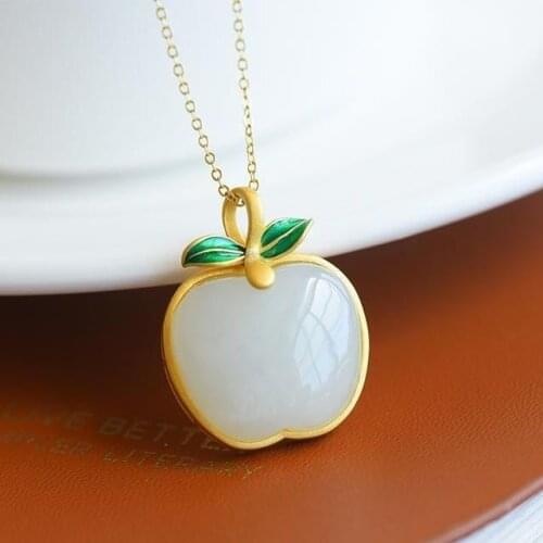 Natural Hetian chalcedony apple shaped Silver Pendant Necklace Chinese style retro minority design elegant womens brand jewelry
