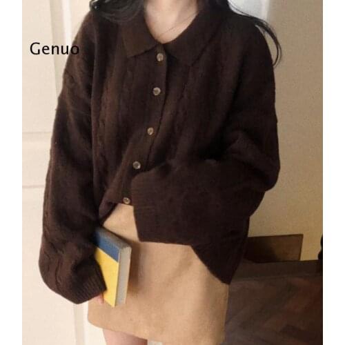 Cardigan Women Solid Button Twisted Knitted Sweater Oversize Minimalist Daily Retro Chic Outwear Basic Warm Harajuku Student New