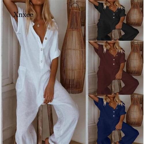 Women Summer V Neck Solid Rompers Cotton Linen Loose Trousers Jumpsuit Sexy Streetwear Elegant Bodysuit Plus Size Overalls