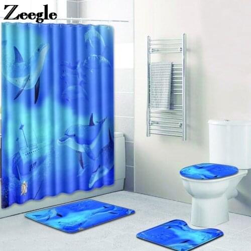 Sea World Printed Bath Mat and Shower Curtain Set Non-Slip Bath Carpet Toilet Seat Cover Mat Home Decor Shower Floor Mat