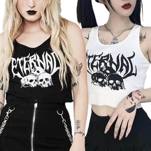 Gothic Crop Tank Top Sleeveless Knit Shirts Sexy Club Punk Vest Streetwear Harajuku Women Y2K Aesthetics Skull Printing Clothes