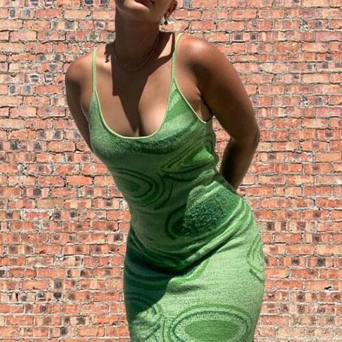 Summer Green Knit Dress Women Y2K Whirlpool Hollow Out Sexy Strap Dress Female Spaghetti Beach Midi Dresses Lady Party Fashion