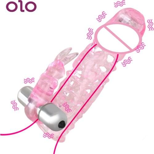 OLO Reusable Condoms Double Vibrators Penis Sleeve Penis Enlargement Delay Ejaculation Sex Toys For Men Couples Cock Ring
