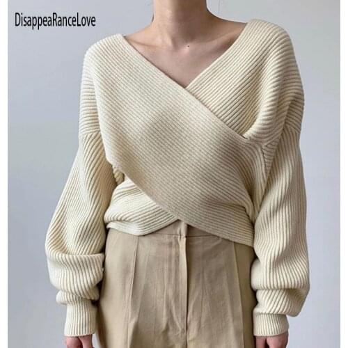 2021 Fashion Sexy Cross V-Neck Womens Sweaters Autumn Winter Bottoming Slim Female Jumper Casual Solid Bodycom Beige Grey Tops
