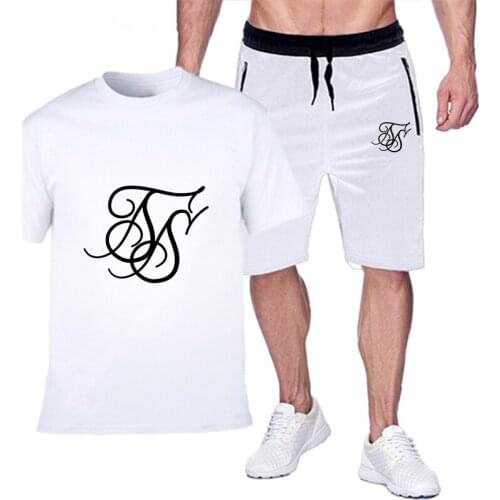 Sik 2021 Summer New SikSilk Mens Suit 100% Cotton Round Neck Plus Size T-Shirt Personality Zipper 5 Shorts Sports Training Suit