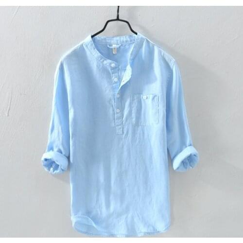 100%Pure Linen Pullover Shirt Man Casual Three Quarter Sleeve Tops Fashion Solid Blue Breathable Mens Clothing Y2933