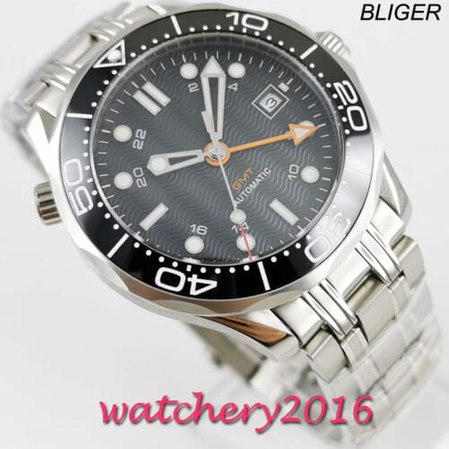 NEW 41mm Bliger Sterile Black Dial Rotating Ceramic Bezel Date steel Case Luminous Sapphire GMT Automatic Movement mens Watch