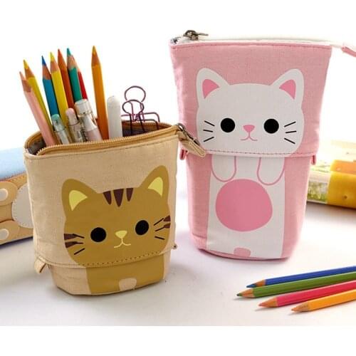 New Creative High Quality Telescopic Vertical Canvas Pen Holder Pencil Case Cartoon Cute Cat Multi-function Office Storage Bag