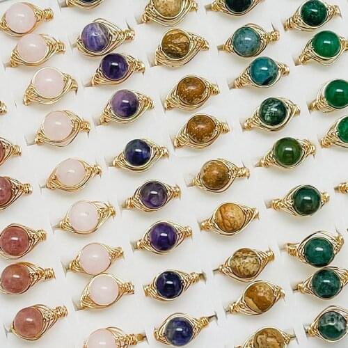 Luxury Natural Stone Open Rings for Women Girls Handmade 8mm Amethyst Agate Tigereye Wedding Enegagement Ring Gift Wholesale