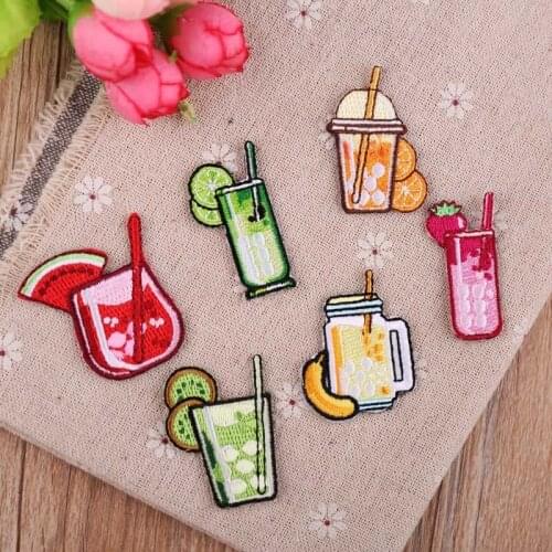 PGY Fruit beverage Food lemonade Patches Embroidery Iron on Patches for Clothing DIY Foods Stripes Clothes Stickers Appliques