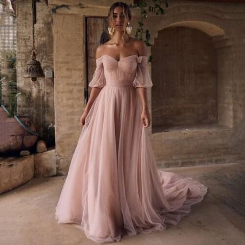 Pink Prom Dresses with Half Sleeve Vestido de Festa Longo Cheap Formal Wedding Party Dress for Beach Women Evening Gowns