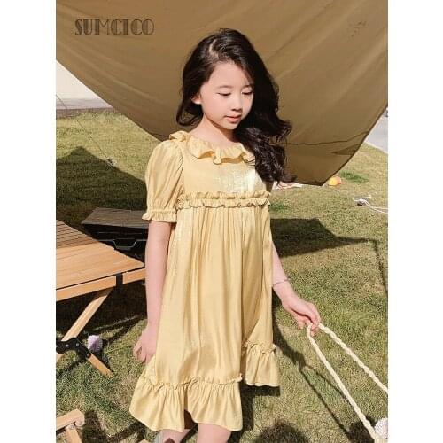 Sumcico 2021 Girls Dress Shiny Yellow Ruffles Lolita Style Dress Toddler Babys French Style Dress Age 2-14Y