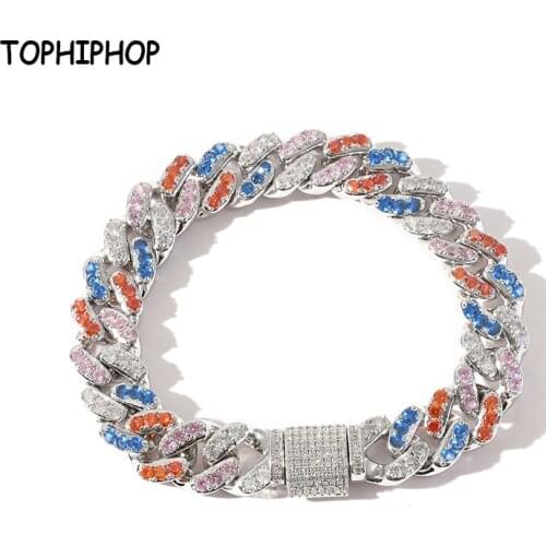 TOPHIPHOP Hip Hop 12mm Micro Inlay 4 Color Zircon Cuban Chain Bracelet Hip Hop Jewelry Mens Womens Bracelets