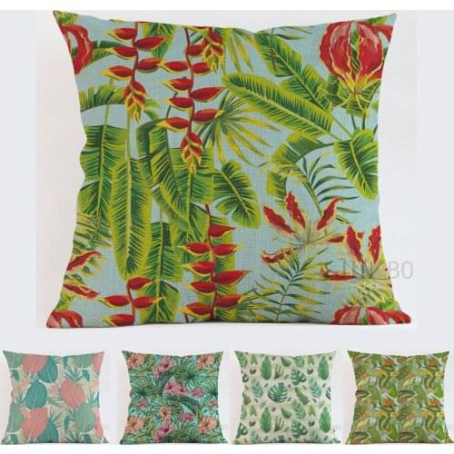 Tropical plants watercolor painting Green leaves red flowers linen pillow case Cushion cover Hotel car sofa pillow cushion Decor
