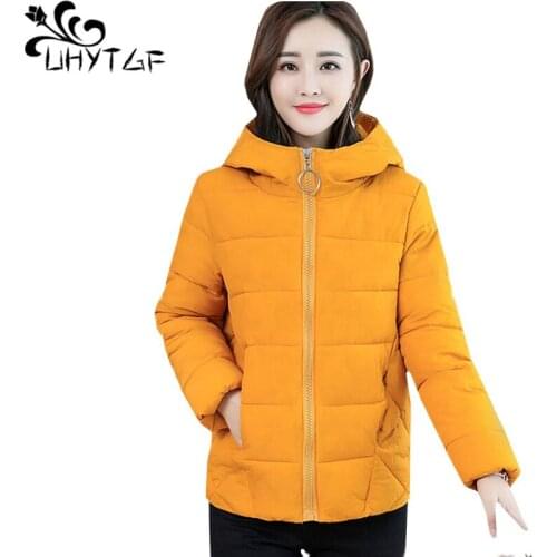 UHYTGF L-6XL Oversized Women Winter jackets and coats Parka for women Thick Hooded short Down jacket Warm Outerwear 8 Colors1062