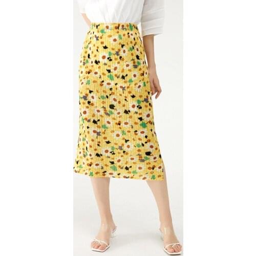 Summer Skirt For Women Plus Size 45-75KG 2021 New Floral Natural Waist Slim A-Line Split Stretch Miyake Pleated Midi Skirts