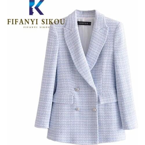 Plaid Blazer Jacket Women Double Breasted Fashion High Quality Tweed Suit Jacket Female Spring Autumn Casual Office Blazers Coat