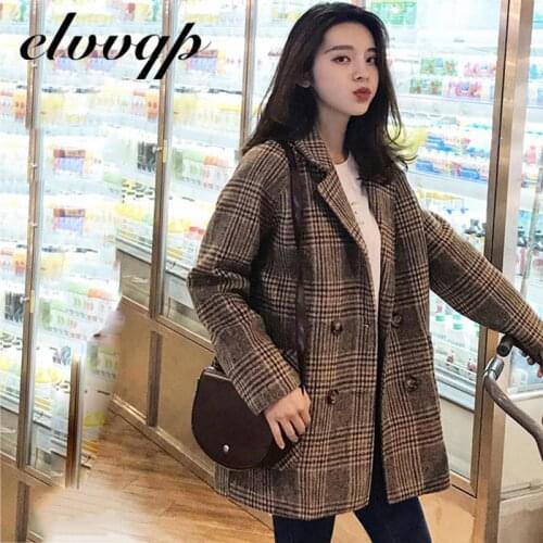 2020 New Vintage Double Breasted Plaid Woolen Blazer New Long Sleeve Turn Down Collar Autumn Winter Women Coat Jacket Female