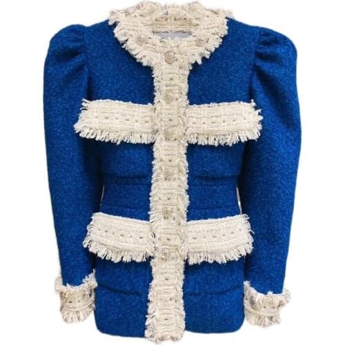 French style vintage small fragrance tweed jacket women o-neck slim single breasted waeven tassel stitching outerwear