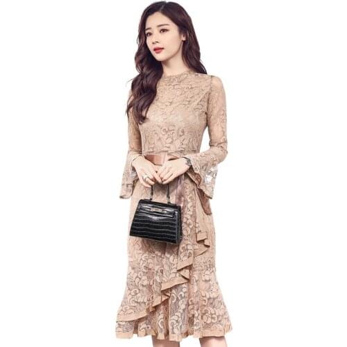 Real Shot Long Sleeve Hollow Lace Dress Spring Autumn Women Elegant Slim Belt Plus Size Ruffle Irregular Fishtail Dresses KW331