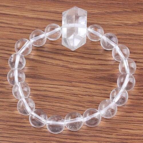 100-Unique 1 Pcs Natural Rock Crystal Round Beads Handmade Stretchy Bracelet with Hexagon Column Jewelry