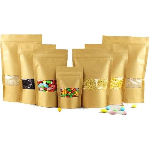 300pcs Brown Kraft Paper Bags For Gifts/candy/tea/food/wedding With Window Stand Up Zipper Kraft Bags Crafts Packing Bag Display