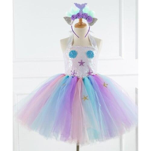 Kids Girls Costume Halter Sequins Mesh Tutu Dress with Hair Hoop Halloween Cosplay Birthday Party Roleplay Outfit