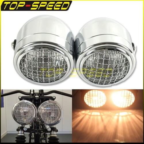 Chrome Motorcycle 12V Dual Twin H4 Headlight Mesh Grill Retro Headlamp For Kawasaki KLX450 KLX250 Honda XR230 XR250 CRF150CRF250