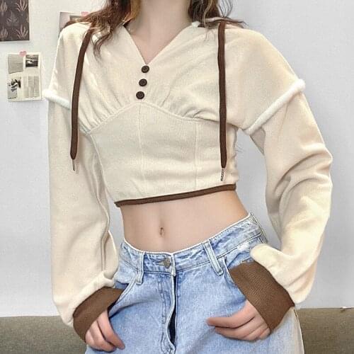 Fur Stitching Knit Pullover Hoodies Casual Hooded Crop Sweatshirt Korean Long Sleeve Tops Streetwear Clothing Kpop for Women