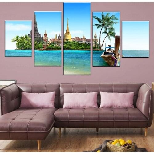 Painting Modern Wall Art Home Decor Canvas 5 Pieces Canvas Print Tropical Island Pictures Thailand Pattaya Buddha Poster Artwork