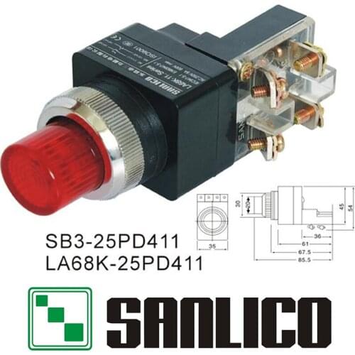 Illuminated push button switch with integral LED SB3(LA68K KS PB)-25PD411 momentary spring return 25mm
