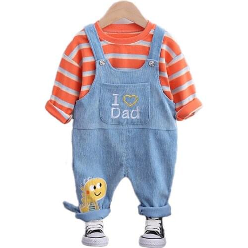 0-4 Years Old Baby Clothing Boys Spring Fall Set Girls Top+Cartoon dinosaur Overalls 2PCS Kids Outfits Children Fashion Homewear