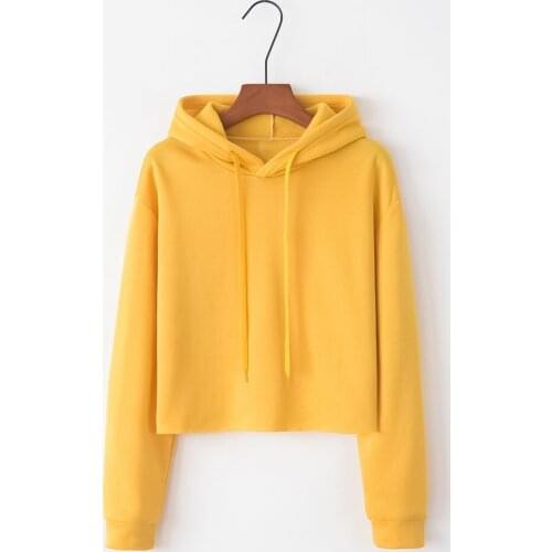 Korean Hoodie Crop Top For Teen Girls Solid Color Harajuku Hoody Sweatshirt Leisure Long Sleeves Hooded Blouse Pullover Moletom