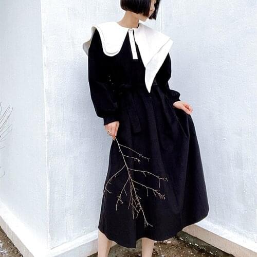 With Sashes Korean Dress Women Big Irregular Collar Black Dress Party Dresses Preppy Casual Woman Long Spring Dress SY013